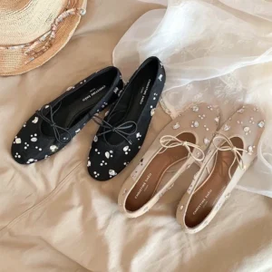 Mesh Rhinestone Bow Flat Mary Jane Shoes Women