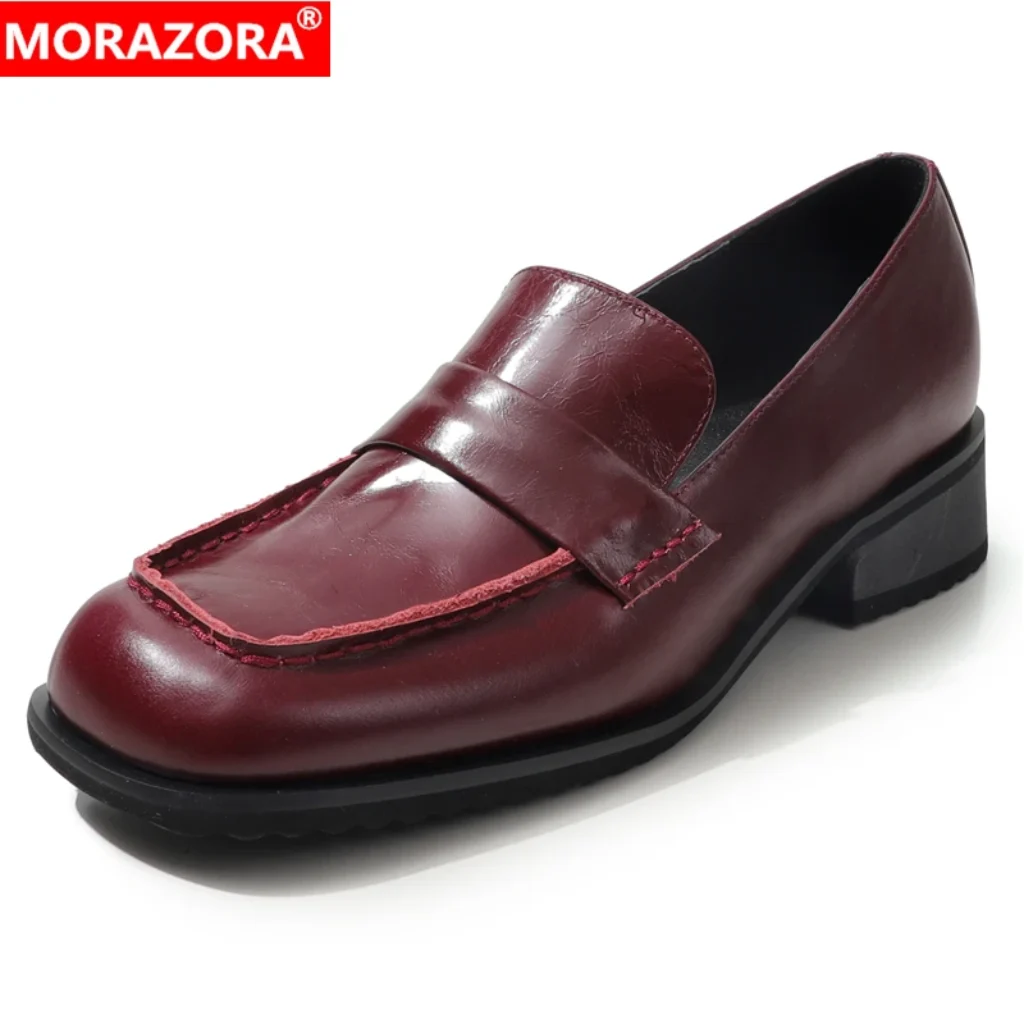 MORAZORA Genuine Leather Women Loafers Square Toe Square