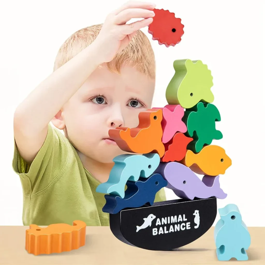 New Children Montessori Wooden Animal Balance Blocks Board Games Toy Dinosaur Educational Stacking High Building Block Wood Toy
