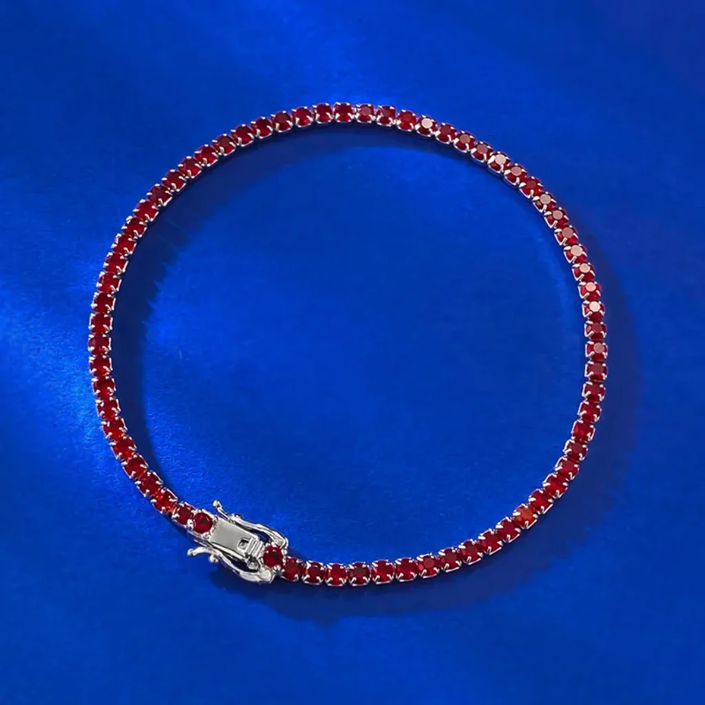 New S925 Silver Moissanite Bracelet Women’s European and American Pigeon Blood Red Tennis Chain Single Row Diamond Full Bracelet