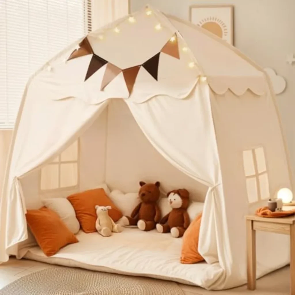 Play Tent with Flags and Star Lights, Portable and Foldable Teepee, Boys and Girls, Indoor Outdoor Dome Tent Playhouse, 59x39x5