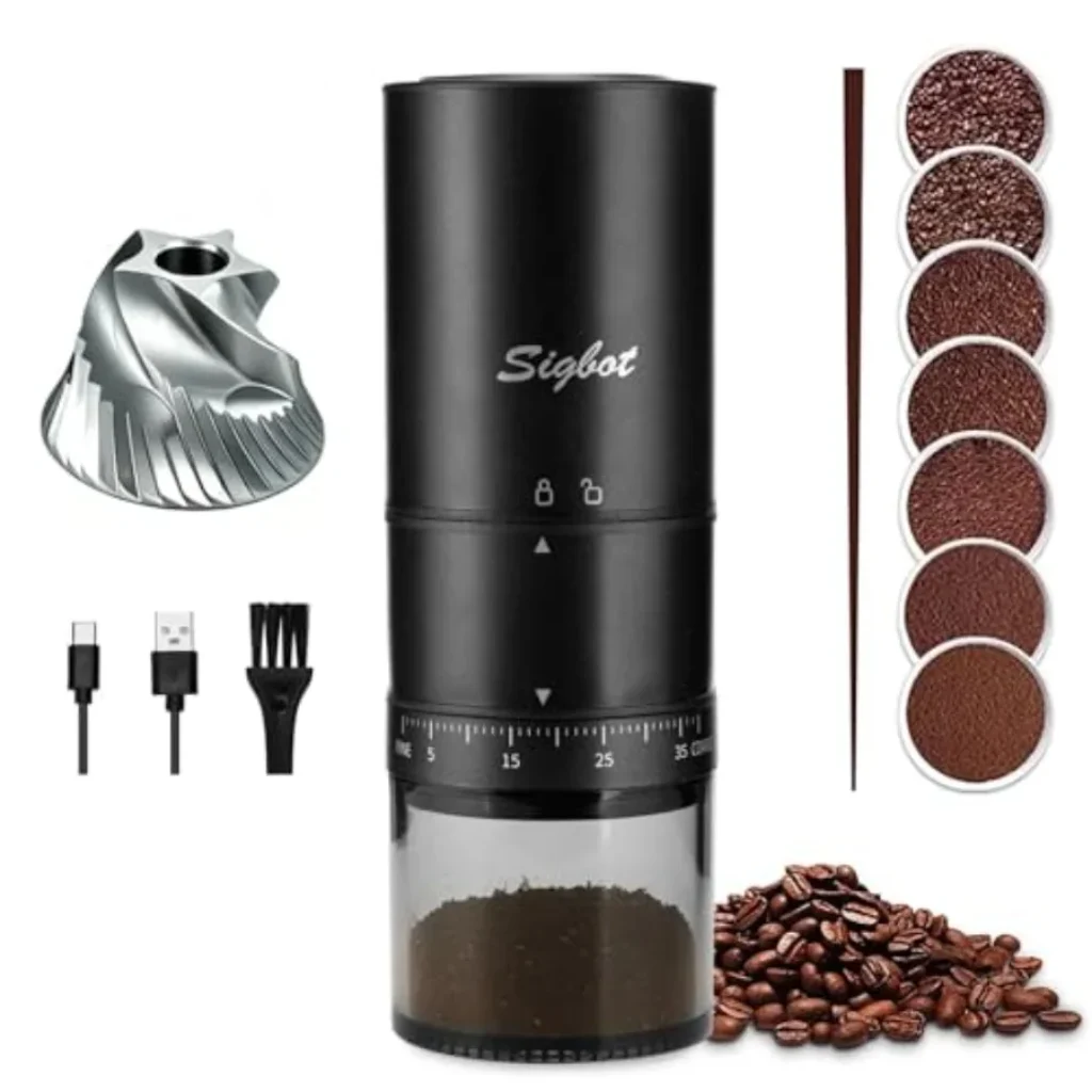 Portable Electric Coffee Grinder – 38 Grind Settings, Conical Burr and Black Stainless Steel Body, Rechargeable Mill for Espres