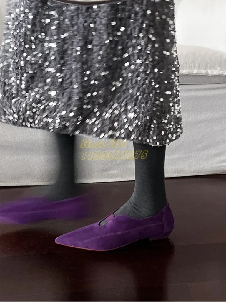 Purple Suede Pointy Toe Pumps Flat Slip Solid
