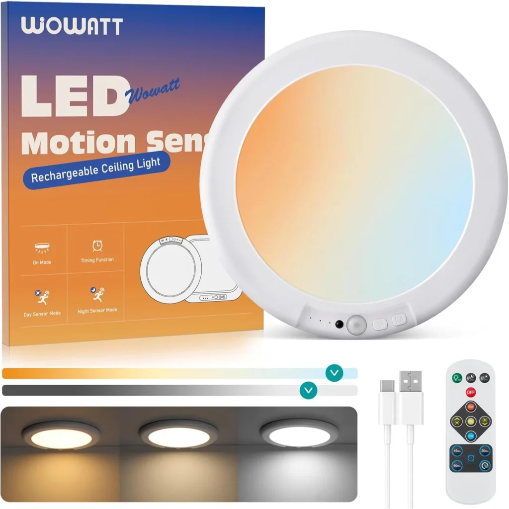 Rechargeable Ceiling Light with Remote, 3 Color Temperatures Dimmable Timing Wireless Overhead Light for Closet Shower Living