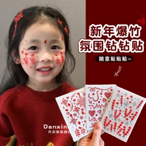 Red Face Stickers Tanghulu for Baby New Year Performance Makeup Rhinestone Festival Face Decal