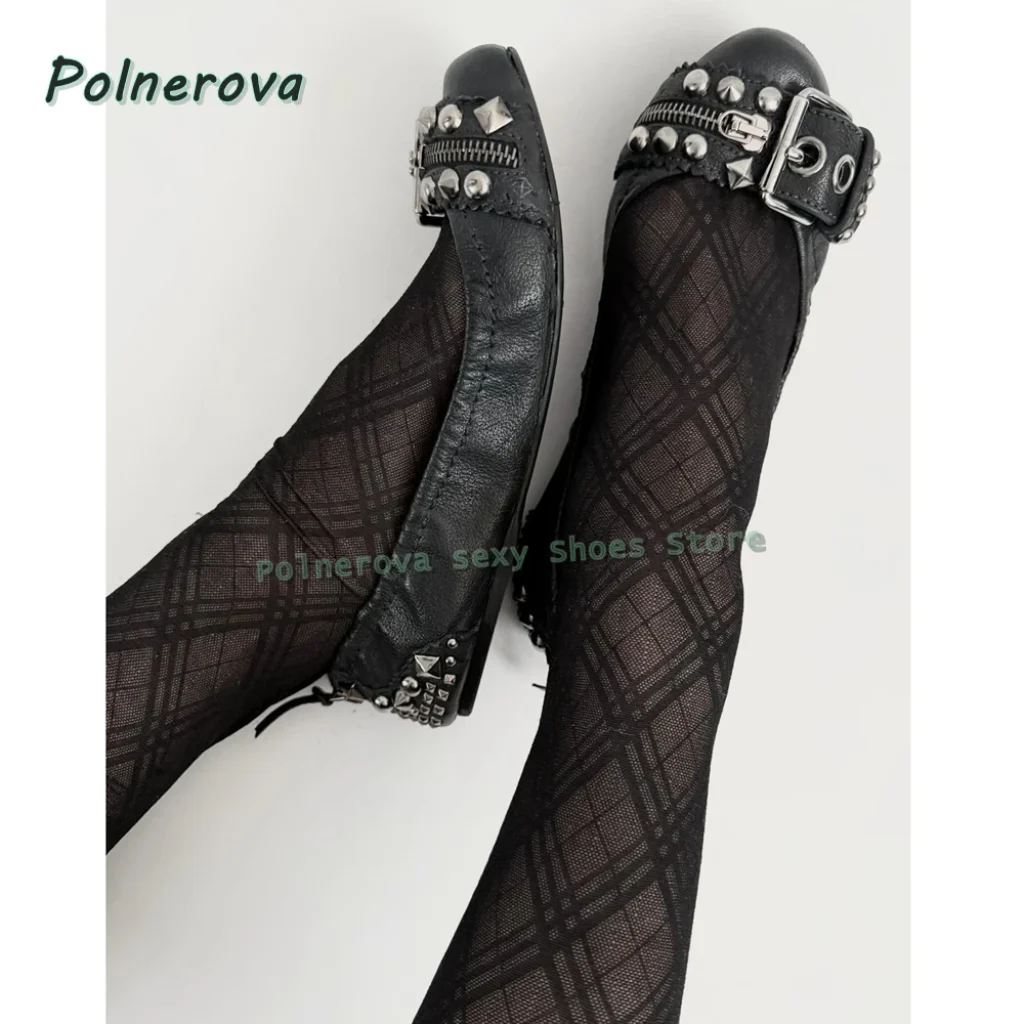 Rivet Belt Buckle Mary Jane Shoes Pointed Toe