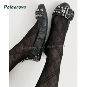 Rivet Belt Buckle Mary Jane Shoes Pointed Toe