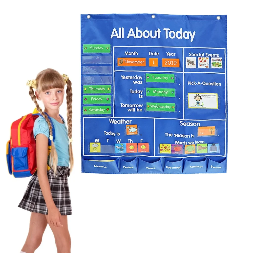 School Classroom Pocket Chart with Date Month Year Week Season Weather Event Cards Teacher Teaching Tool All about Today