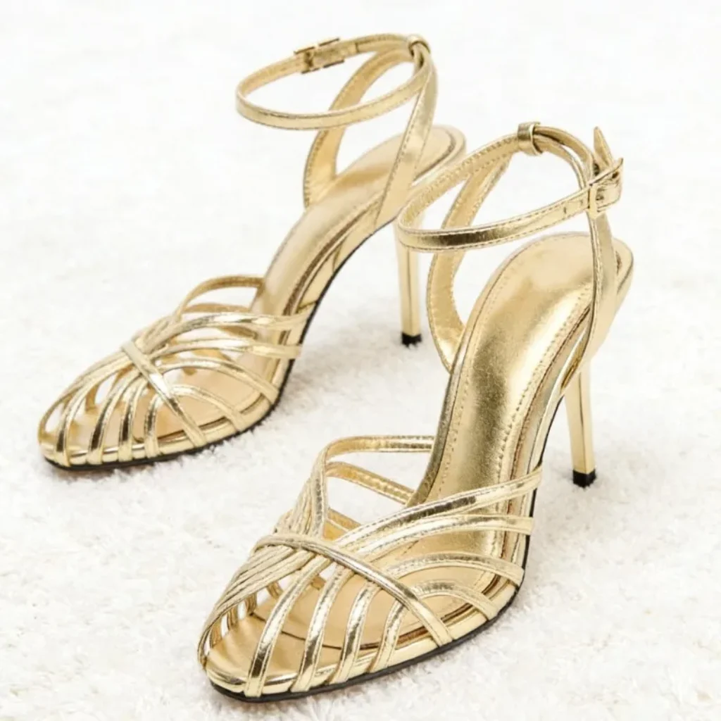 Sexy Gold Hollow Narrow Band High Heel Sandal