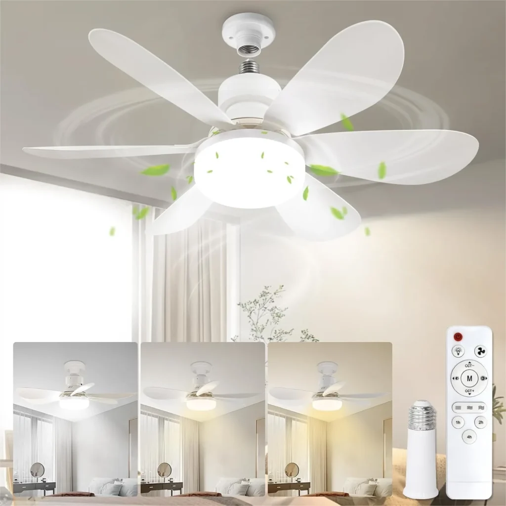 Socket Fan Light with Remote, Portable Ceiling Fan for Bedroom, Kitchen, Living Room, E26 Base 40W Dimmable 3000K-6000K