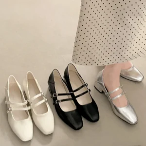 Square Toe Low Heel Women Silvery Mary Jane