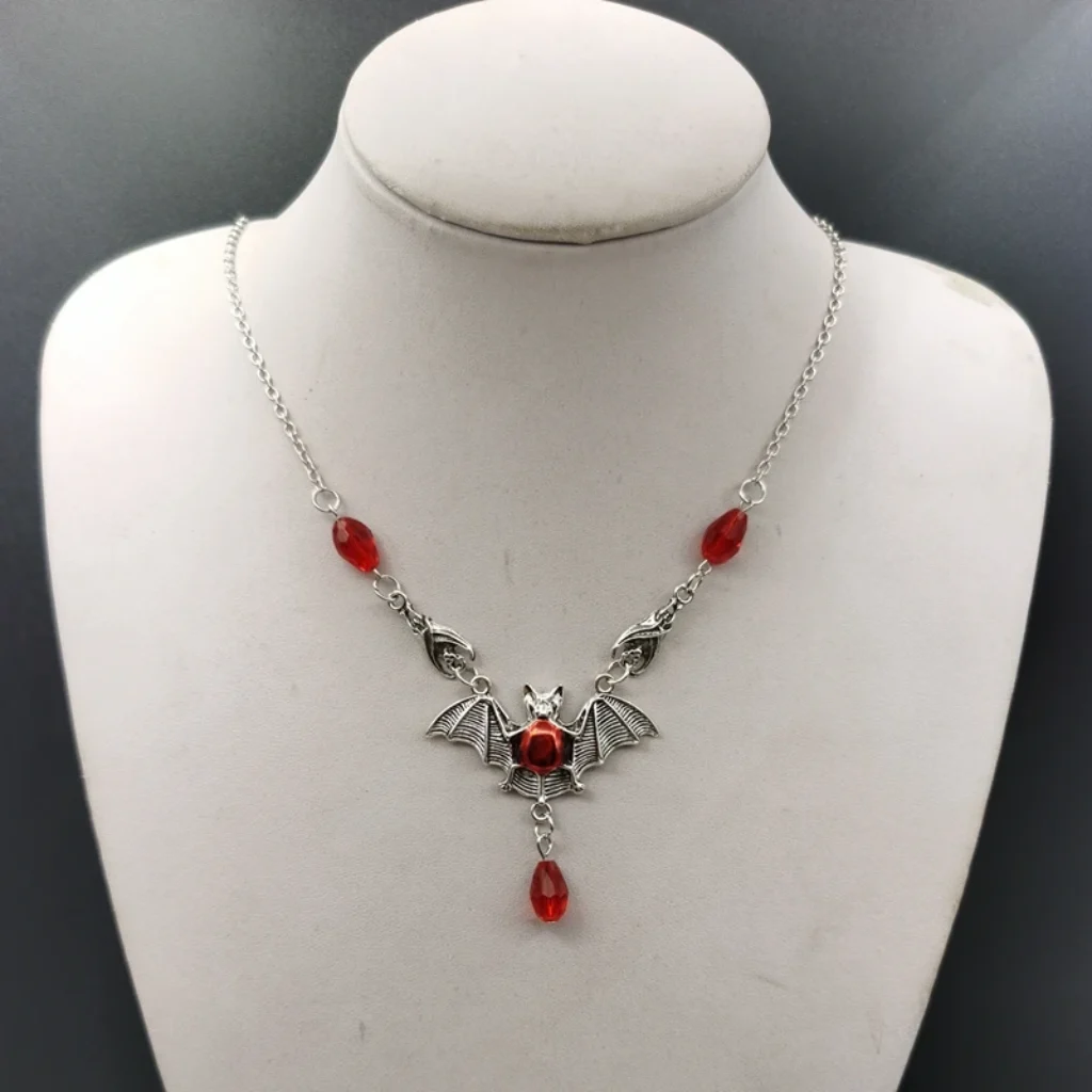 Stunning Gothic Vampire Bat Necklace Red Crystal Beads Vampire Bat Necklace Gothic Jewelry, Statement Necklace,