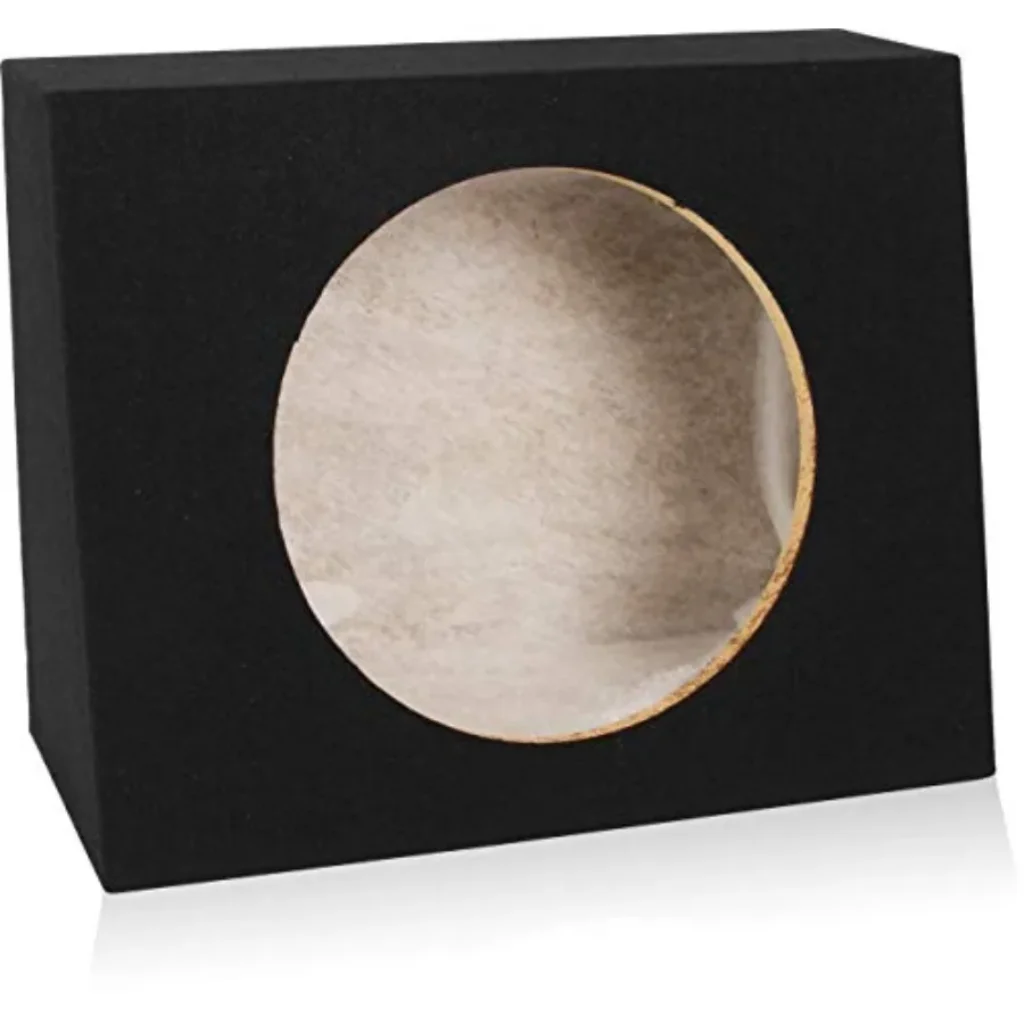 Truck hatchback subwoofer enclosure: 5/8 MDF, black carpeted,