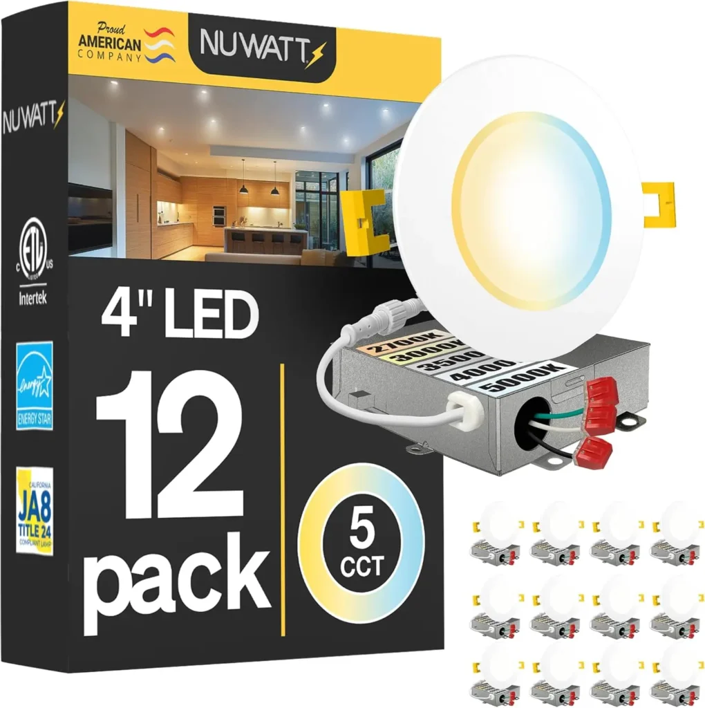Ultra-Thin 4″ LED Recessed Lighting 5CCT Selectable 2700K-5000K Dimmable 9W 630LM IC Rated ETL