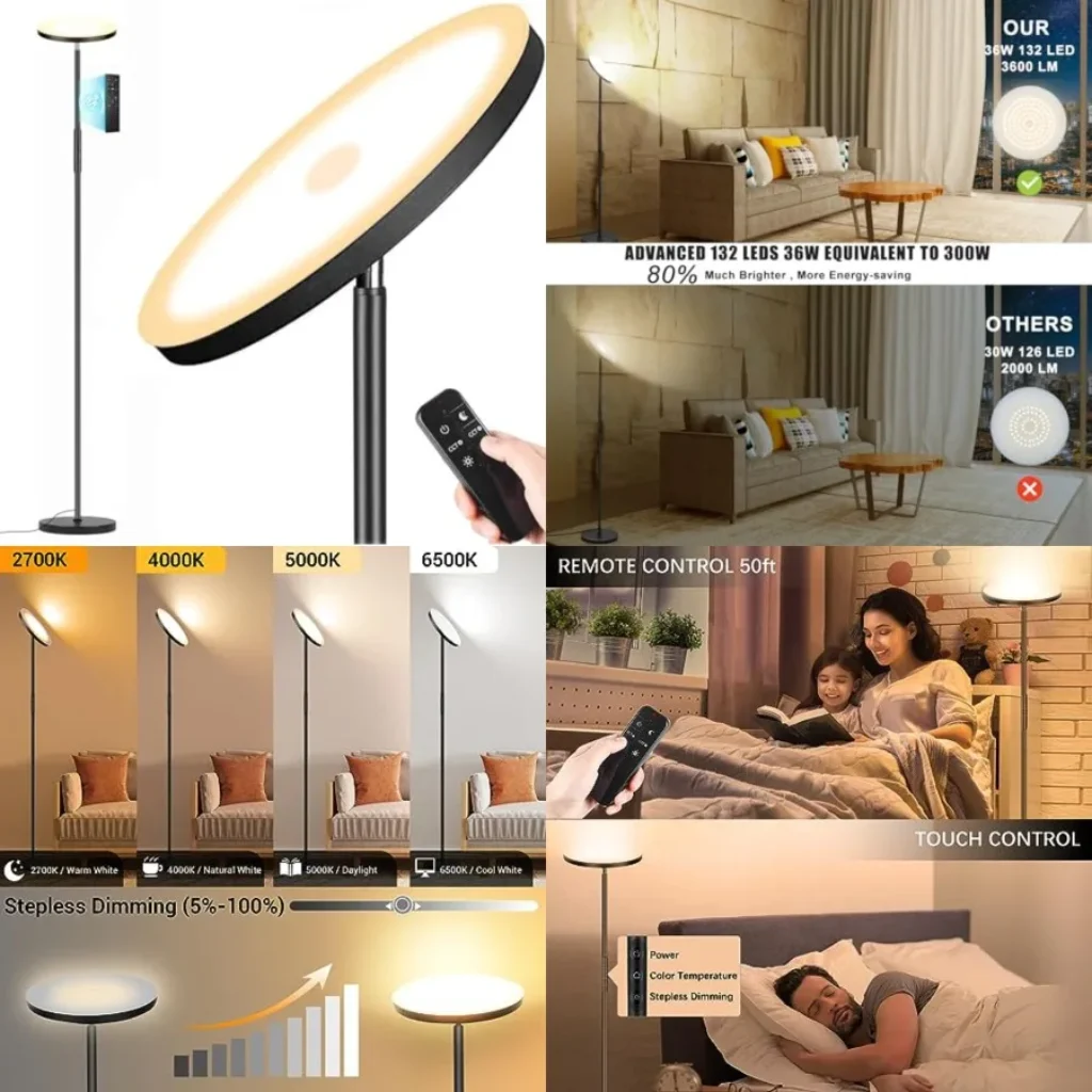 Upgraded Torchiere Floor Lamp, 36W 3600LM Super Bright LED Floor Lamp for Living Room Bedroom Office, Dimmable Modern Standing