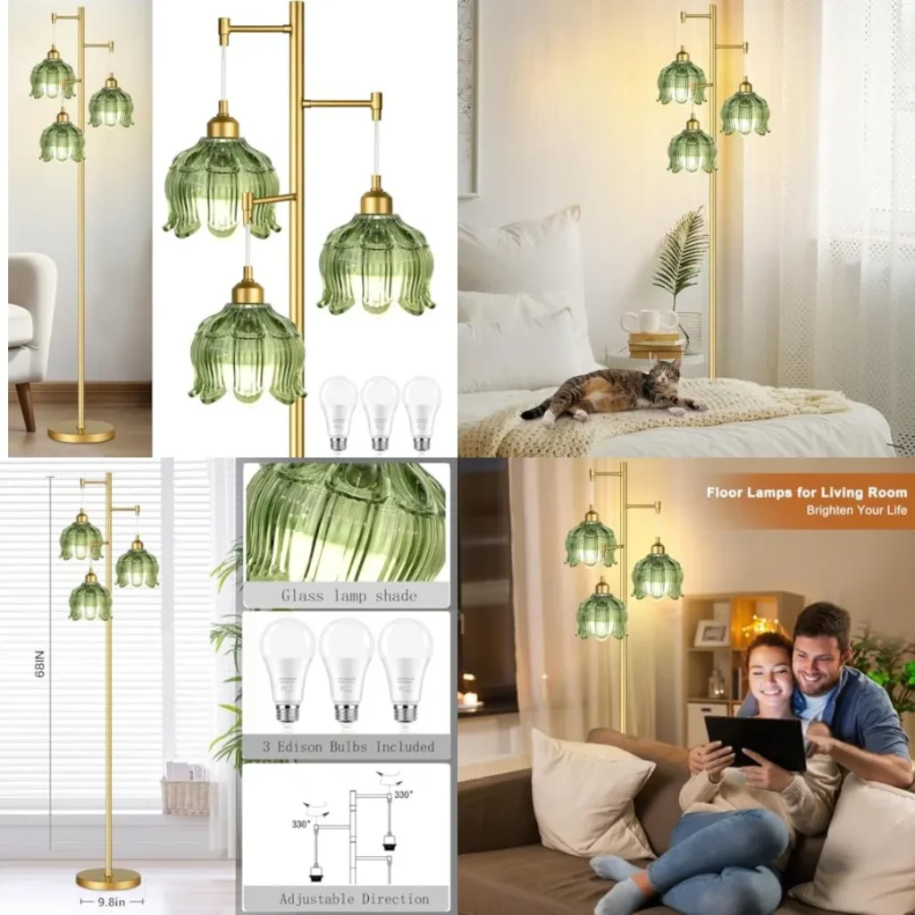 Vintage Floor Lamps for Living Room Bedroom-3 Light Glass Floor Lamp with Three Led Bulb, Modern Mid Century Standing Lamp Bras