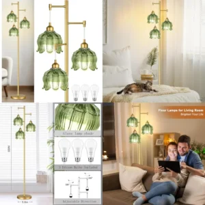 Vintage Floor Lamps for Living Room Bedroom-3 Light Glass Floor Lamp with Three Led Bulb, Modern Mid Century Standing Lamp Bras