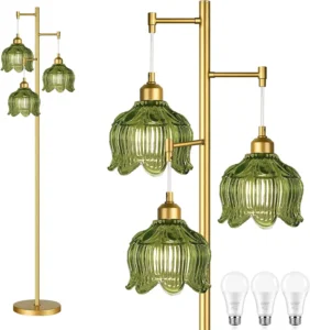 Vintage Gold Glass Floor Lamp with Green Shade, Adjustable 3-Light Tree Design for Living Room Bedroom Decor