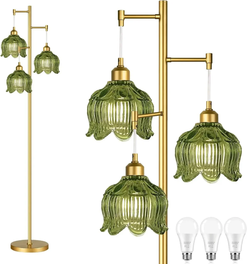 Vintage Gold Glass Floor Lamp with Green Shade, Adjustable 3-Light Tree Design for Living Room Bedroom Decor
