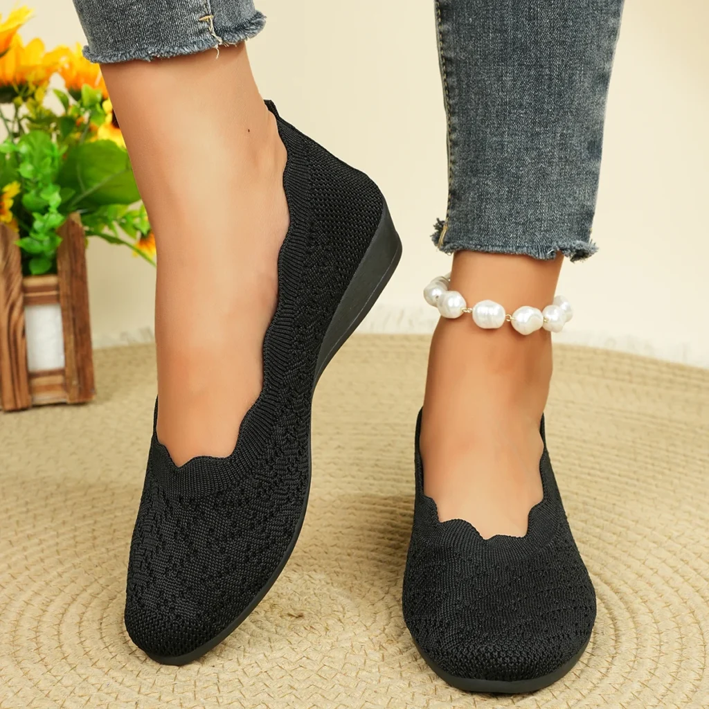 Women’s Breathable Knit Flats 2025 Scalloped Edge Slip-On