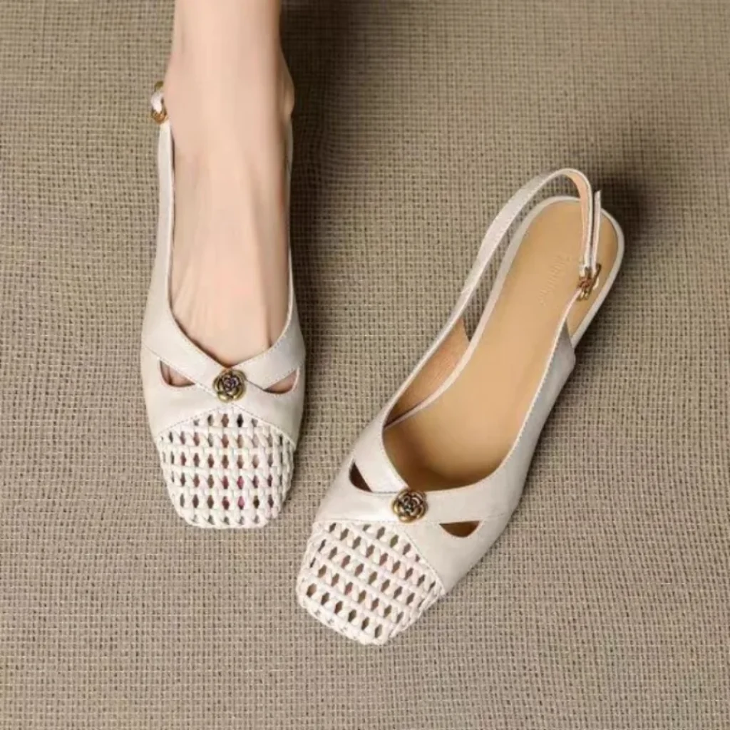 Women’s French-style closed-toe sandals, chunky heel, versatile woven