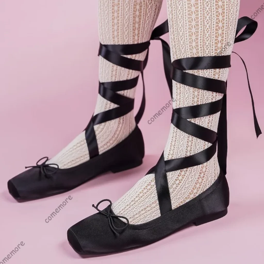 Women’s Satin Ribbon Tie Ballet Flats Square Toe