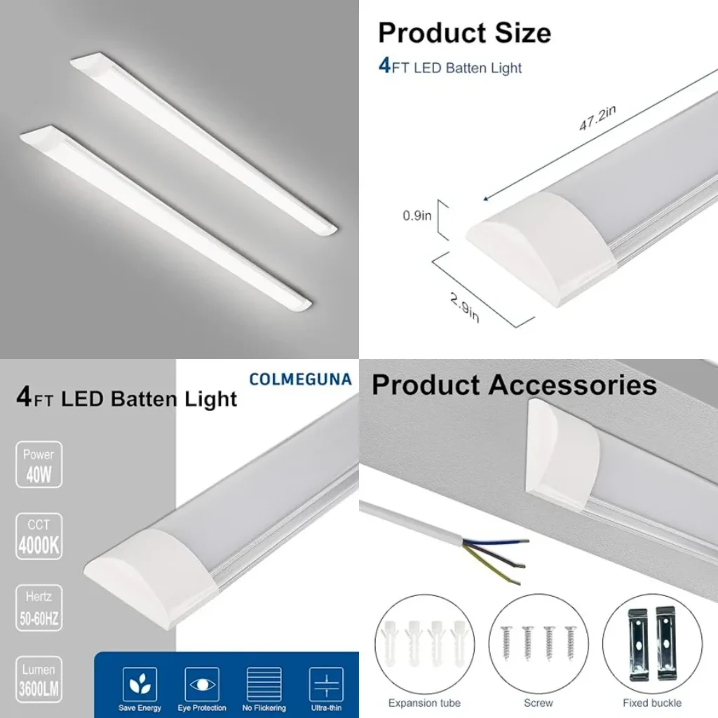 2 Packs 4Feet LED Batten Light, Ultra-Thin Ceiling