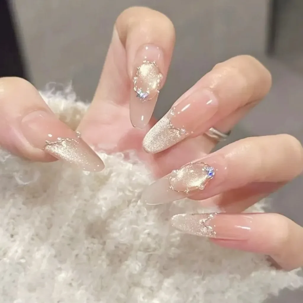 Handmade Press Nails Nude Almond False Nails Gold