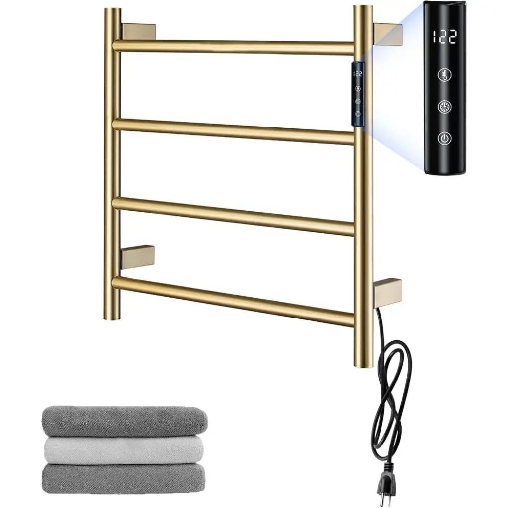 4-Bar Wall-Mounted Electric Towel Warmer Timer, Gold Finish
