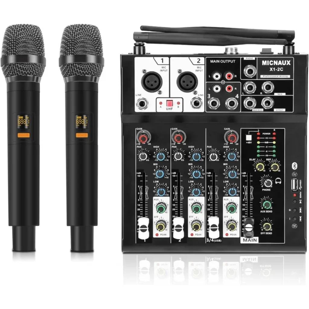 4 Channel Audio Mixer, Karaoke Mixer Dual Wireless