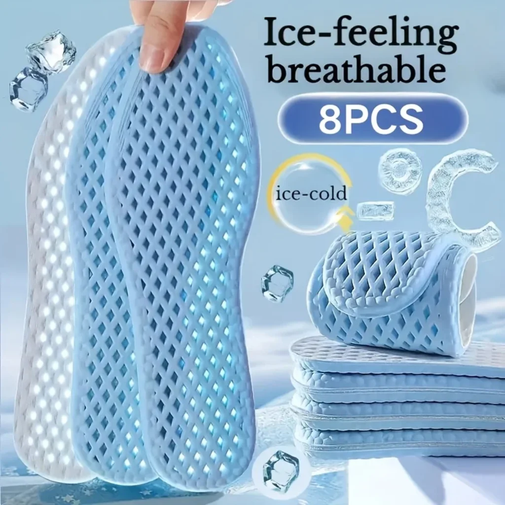 8-Pack Summer Ice Cooling Insoles, Breathable Sweat Absorbing