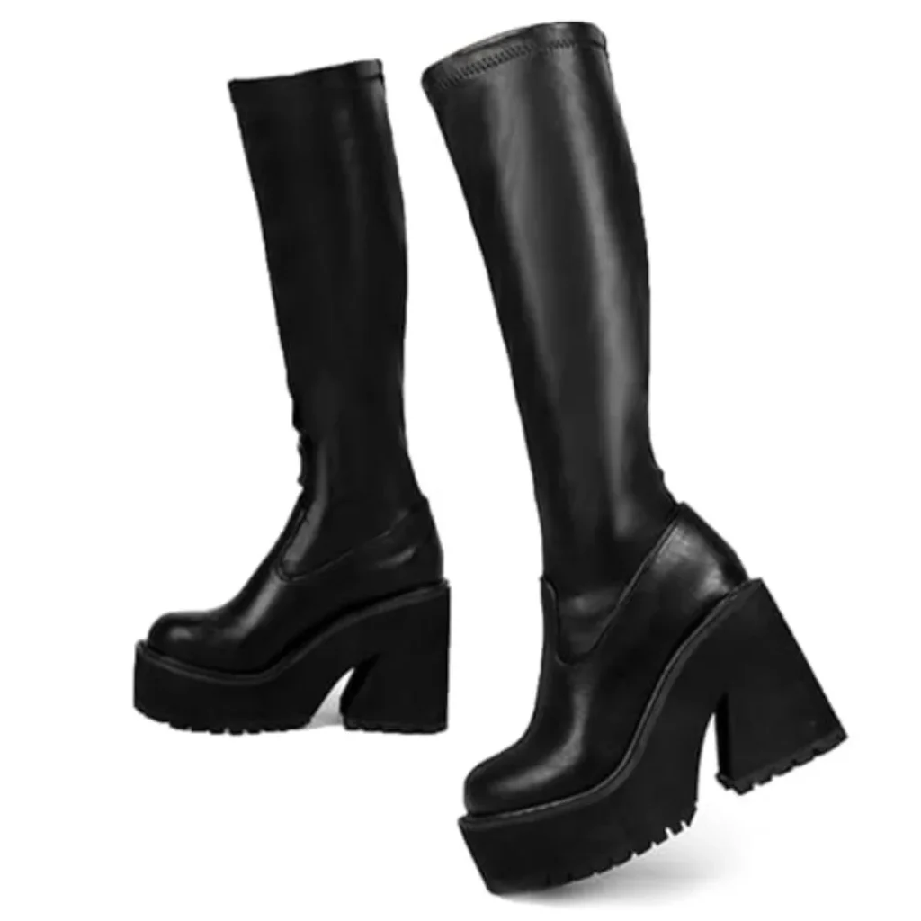 AMINUGAL Womens Elastic Knee High Platform Chunky Block