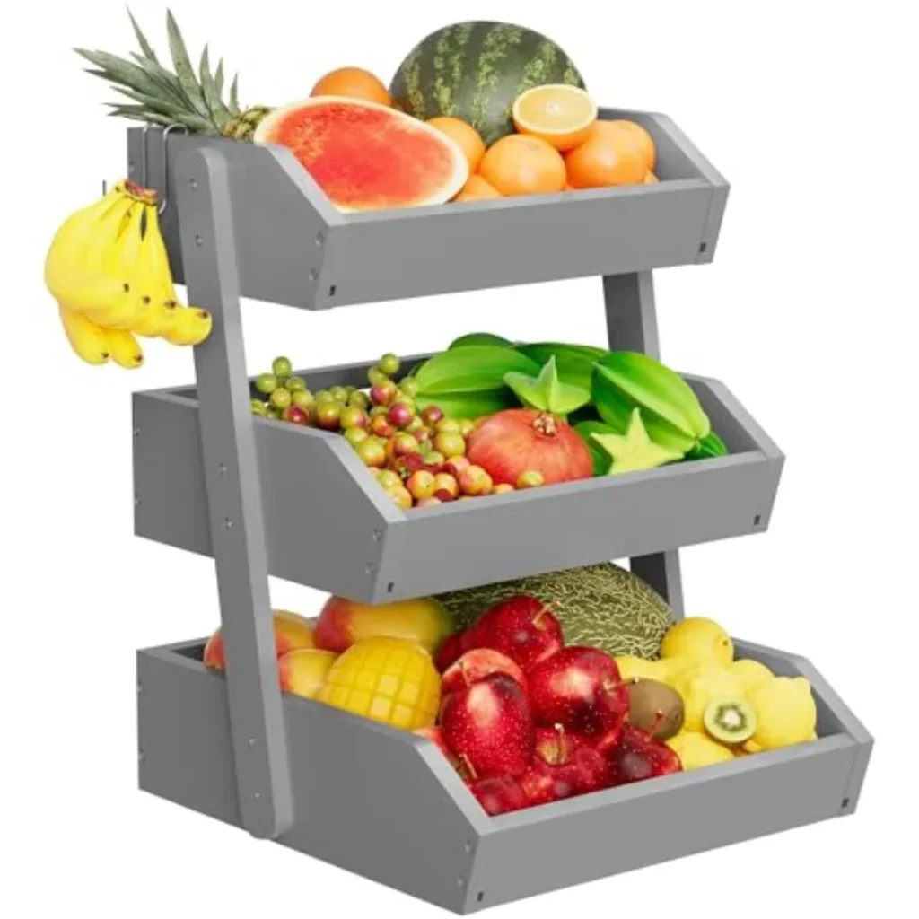 Bamboo 3 Tier Fruit Basket Counter, Large Capacity
