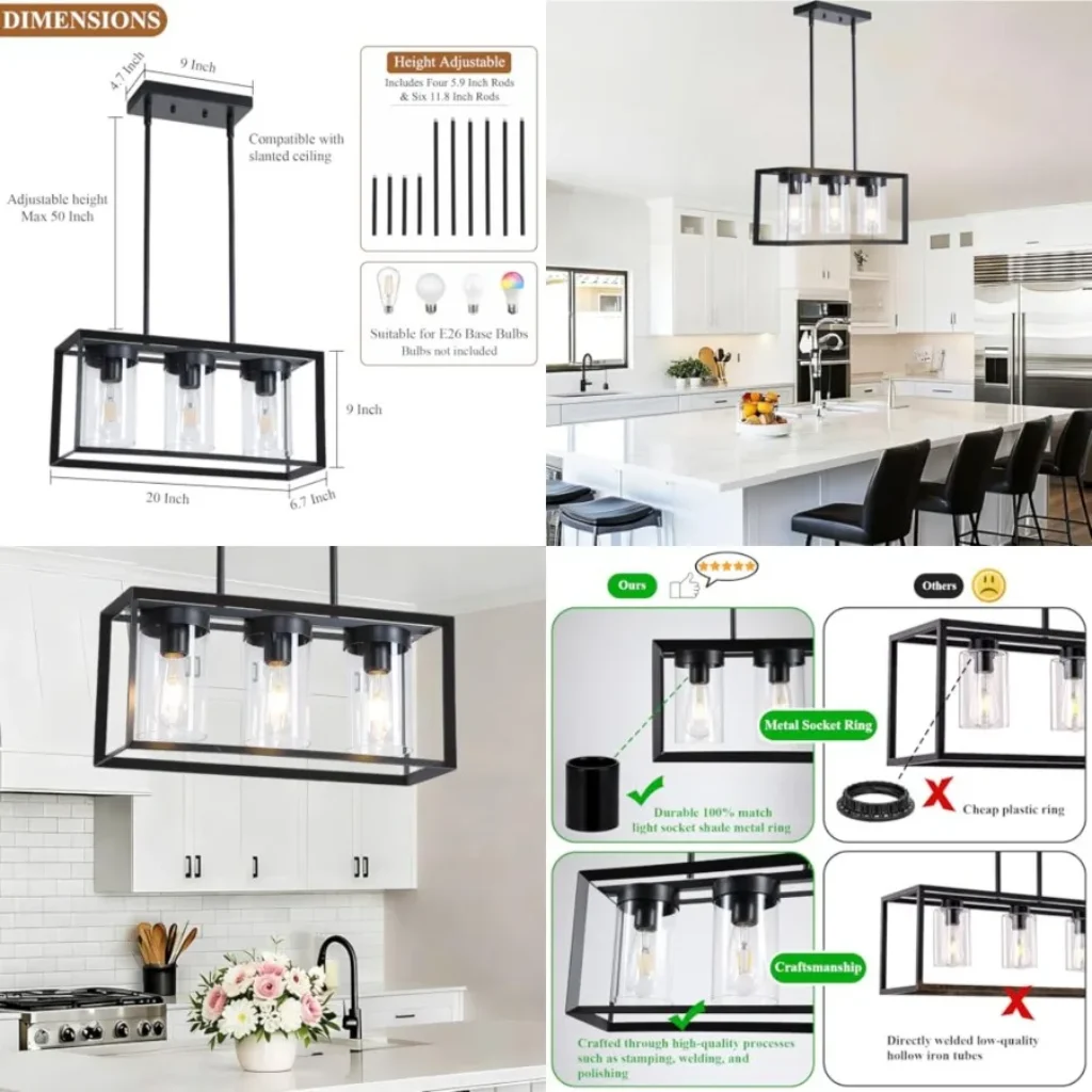 Black Rectangle Farmhouse Chandeliers, 3-Light Modern Linear Dining