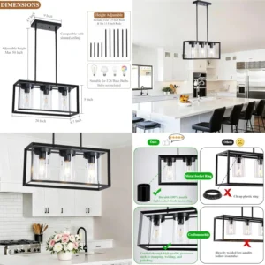 Black Rectangle Farmhouse Chandeliers, 3-Light Modern Linear Dining