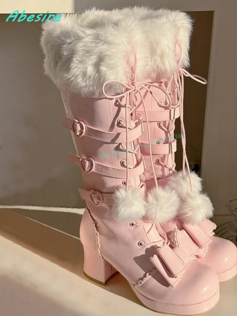Brown Leather Fluffy Fur Knee‑High Boots Round Toe
