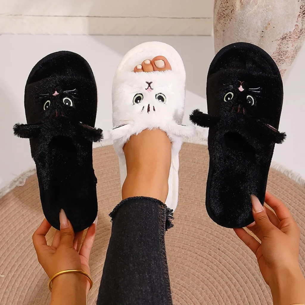 Casual Fluffy Women’s Slippers Home Flats Cat Cartoon