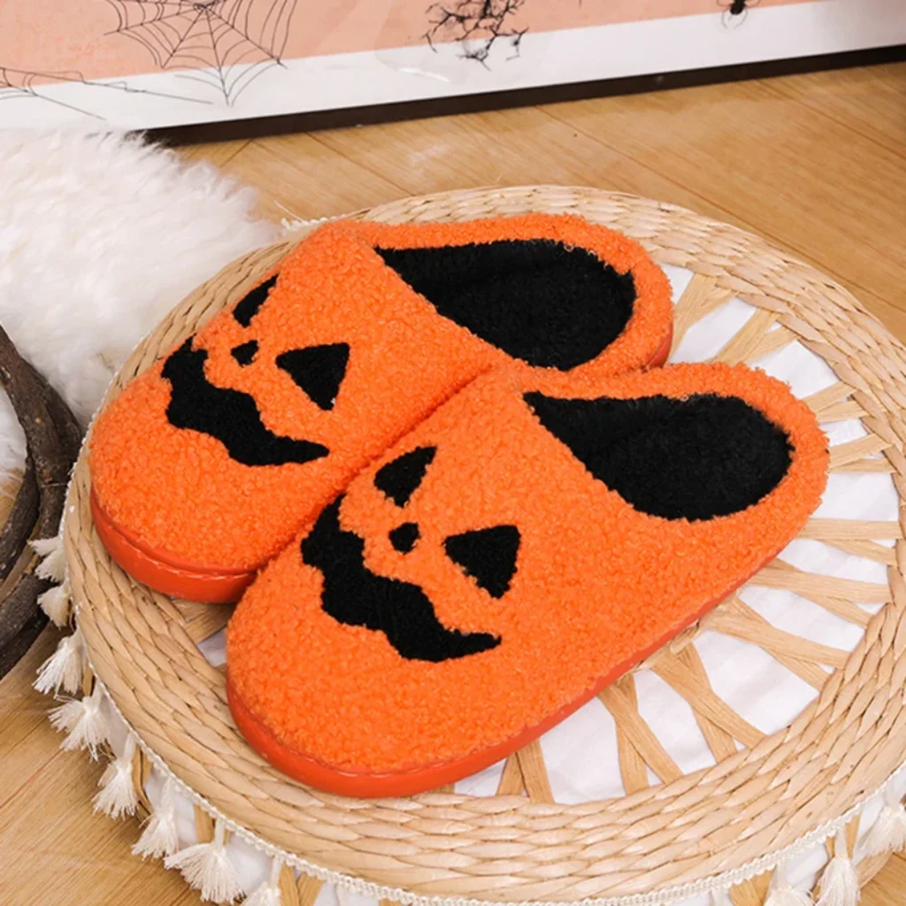 Cozy Halloween Pumpkin Slippers Women Soft Plush Non