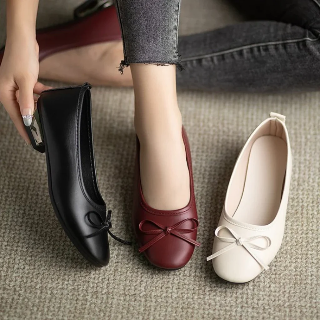 Elegant Bowknot Flat Shoes Women, Soft Leather Slip-on