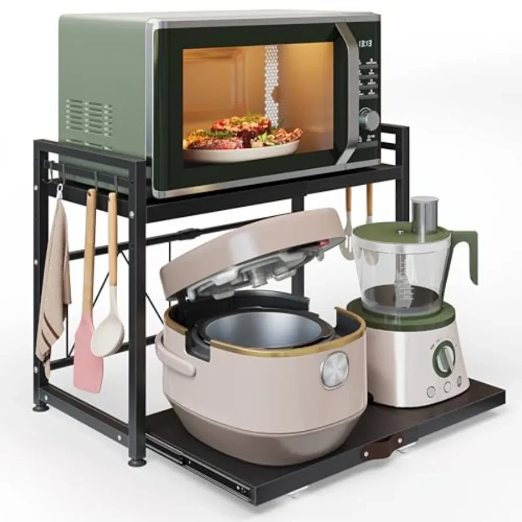 Expandable Microwave Stand, Metal Kitchen Countertop Organizer Shelves