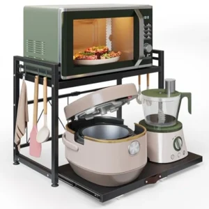 Expandable Microwave Stand, Metal Kitchen Countertop Organizer Shelves