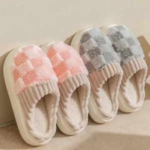 Fashion Couple Winter Slides Warm Plaid Fluffy Slippers