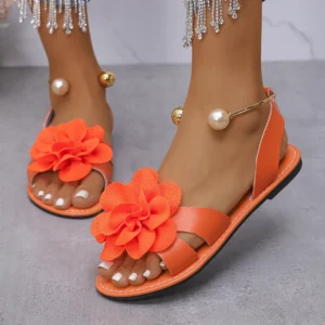 Flower Pearl Decor Flat Sandals, Women’s Open Toe