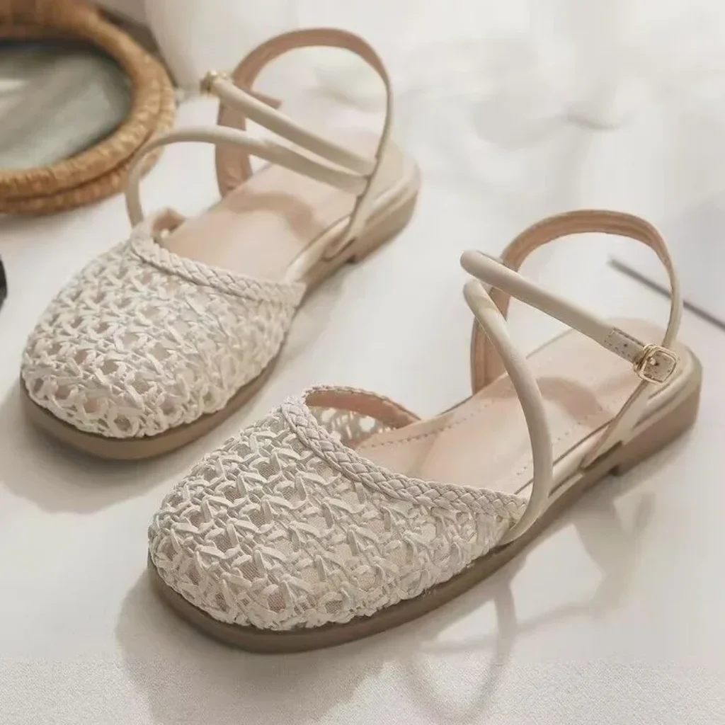 French-style Closed-toe Sandals Women, Summer Hollow-out Single Strap,