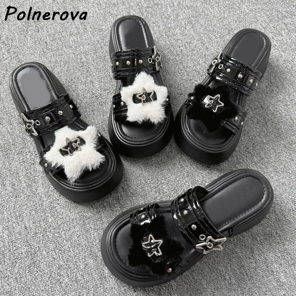 Fuzzy Star Studded Platform Slide Sandals Women Y2K