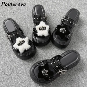 Fuzzy Star Studded Platform Slide Sandals Women Y2K