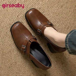 Girseaby Vintage Women Pumps Square Toe Block Heels