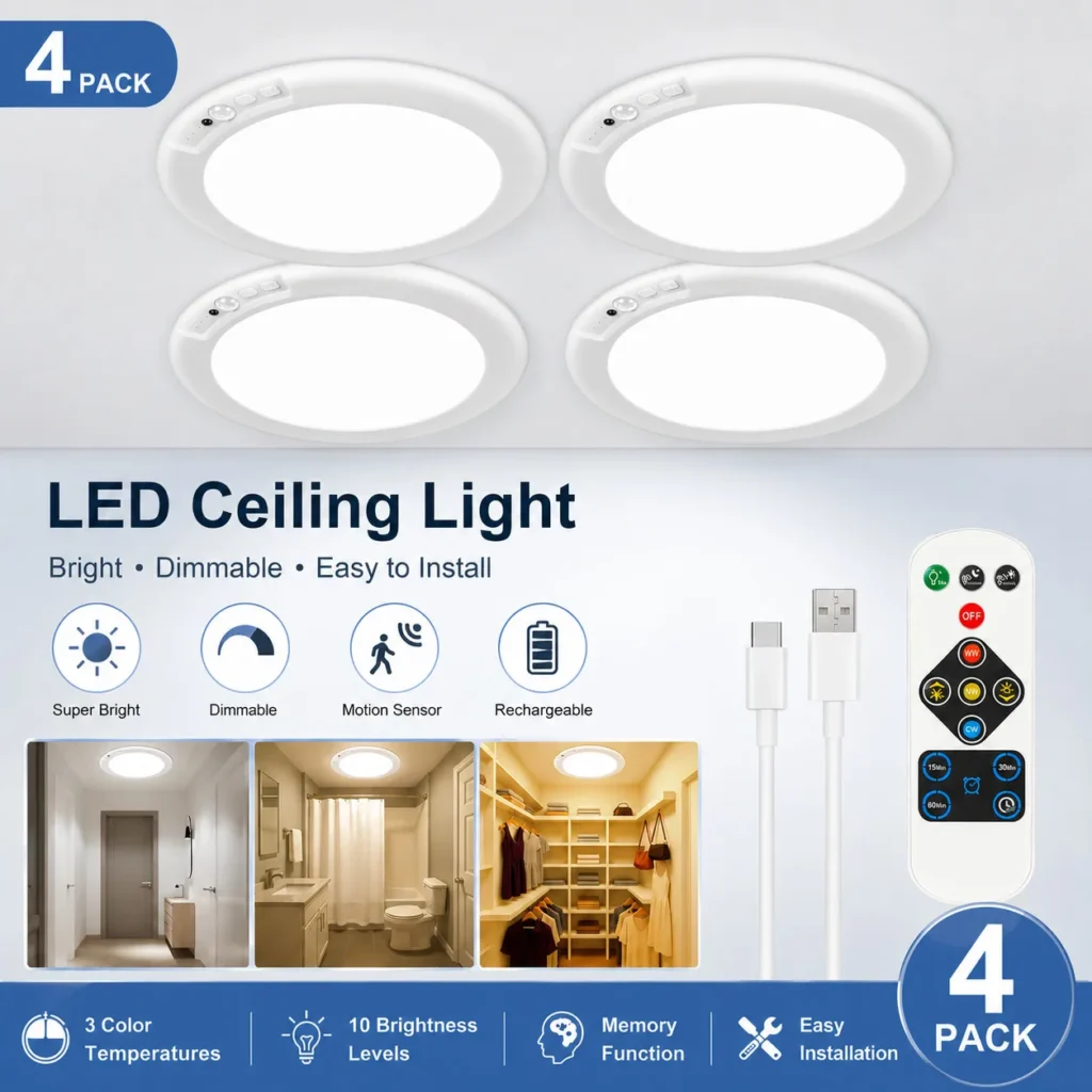 GMOX 4-Pack Rechargeable Motion Sensor Ceiling Light Wireless