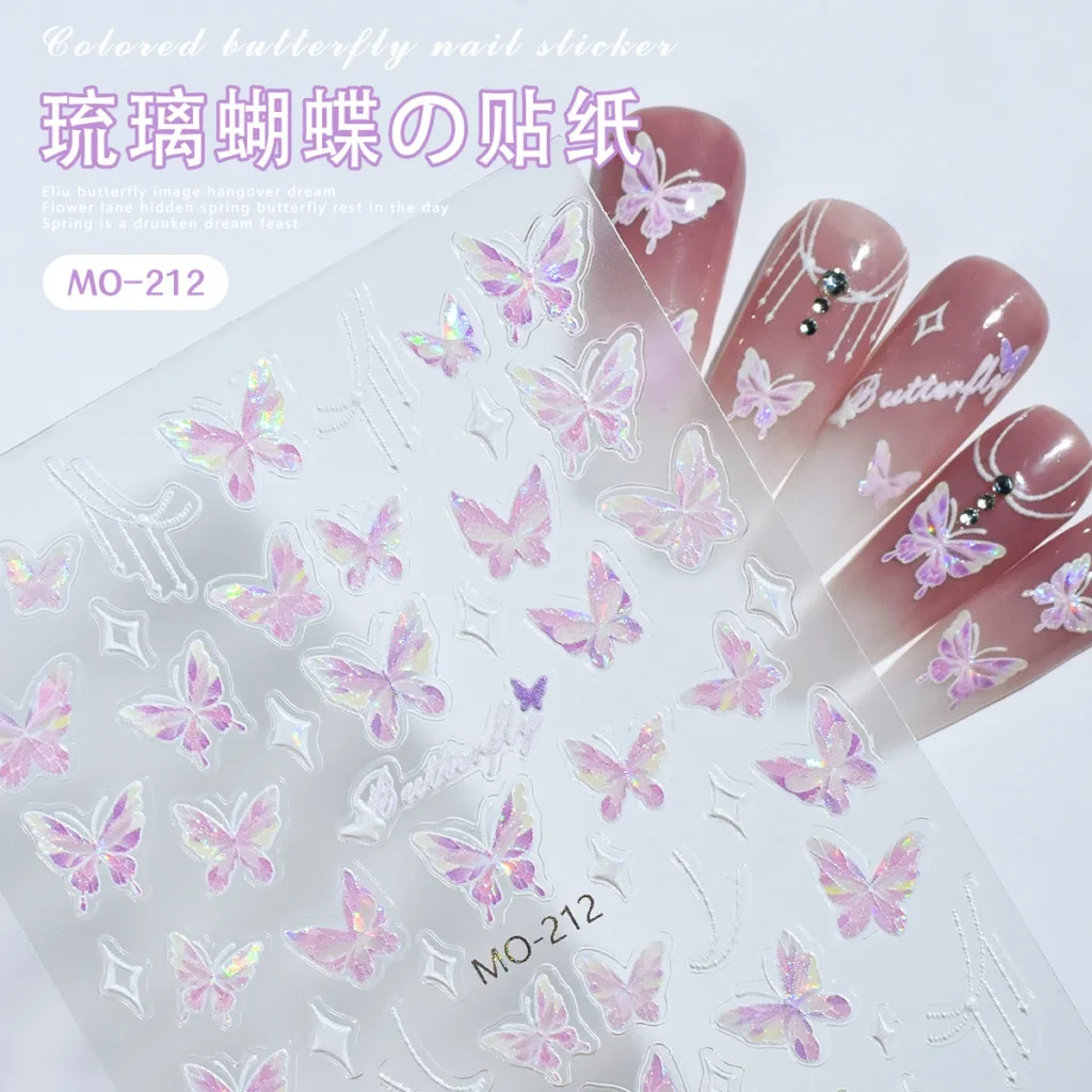 Holographic Glass Butterfly Nail Stickers 5D Self-Adhesive Shiny