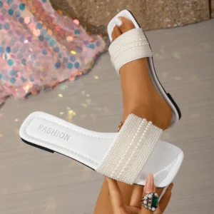 Ladies’ Elegant Pearl Strap Flat Sandals, Open Toe